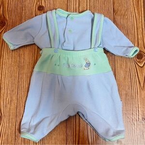 Vintage Peter Rabbit Baby Outfit Size Small Blue Green Cotton Overalls Flaw